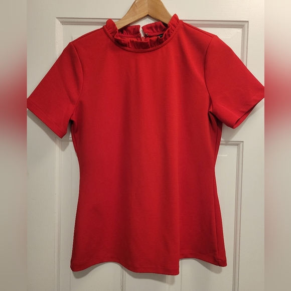 Red Ann Taylor short sleeved ruffle collar mock neck top - Picture 2 of 4